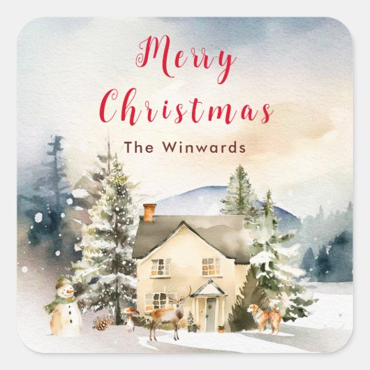Winter Huisje Prettig Kerstfeest Vierkante Sticker (Voorkant)