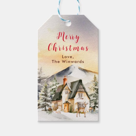 Winter Huisje Vrolijk Kerstfeest Cadeaulabel (Voorkant)