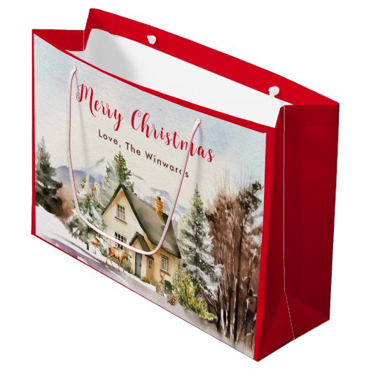 Winter Huisje Vrolijk Kerstfeest Groot Cadeauzakje (Voorkant Gekanteld)