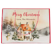 Winter Huisje Vrolijk Kerstfeest Groot Cadeauzakje (Voorkant)