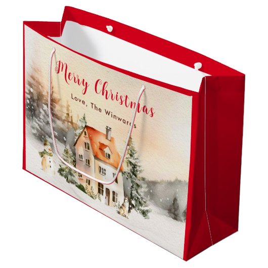 Winter Huisje Vrolijk Kerstfeest Groot Cadeauzakje (Voorkant Gekanteld)