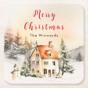 Winter Huisje Vrolijk Kerstfeest Kartonnen Onderzetters
