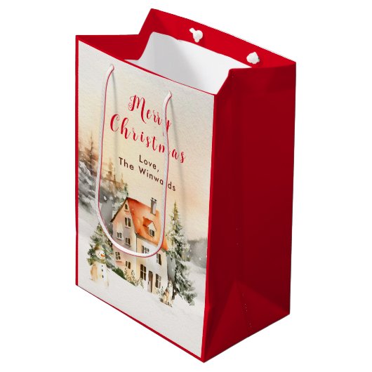 Winter Huisje Vrolijk Kerstfeest Medium Cadeauzakje (Voorkant Gekanteld)