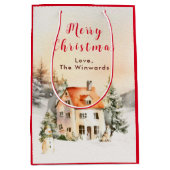 Winter Huisje Vrolijk Kerstfeest Medium Cadeauzakje (Voorkant)