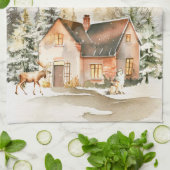 Winter Huisje Vrolijk Kerstfeest Theedoek (Gevouwen)