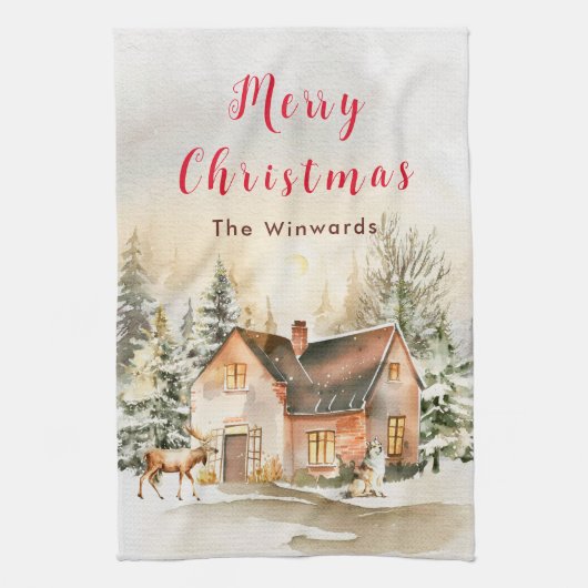Winter Huisje Vrolijk Kerstfeest Theedoek (Verticaal)