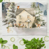 Winter Huisje Vrolijk Kerstfeest Theedoek (Gevouwen)
