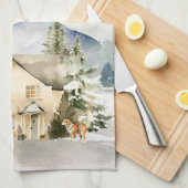 Winter Huisje Vrolijk Kerstfeest Theedoek (Quarter Fold)