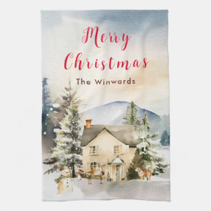 Winter Huisje Vrolijk Kerstfeest Theedoek