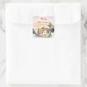 Winter Huisje Vrolijk Kerstfeest Vierkante Sticker (Tas)