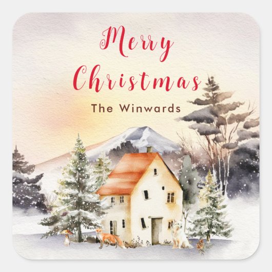 Winter Huisje Vrolijk Kerstfeest Vierkante Sticker (Voorkant)