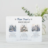 Winter Huizen Oud en Nieuw Progressief Diner Kaart (Staand voorkant)
