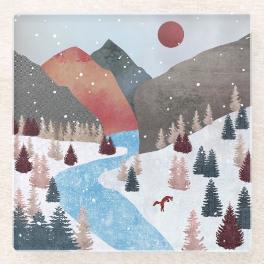 Winter Hunting Fox Glazen Onderzetter (Voorkant)