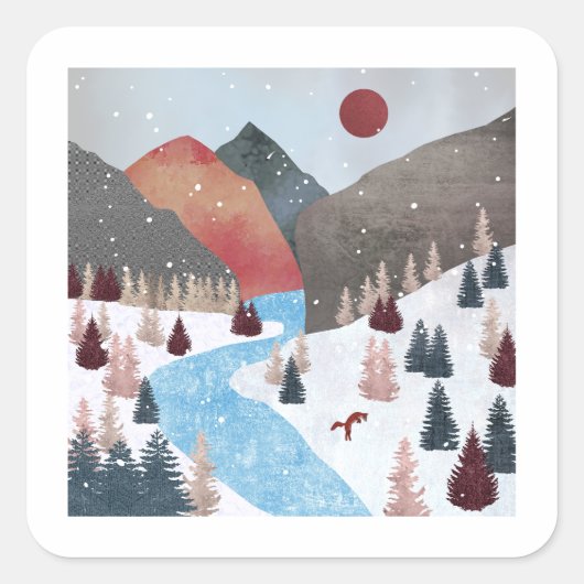 Winter Hunting Fox Vierkante Sticker (Voorkant)