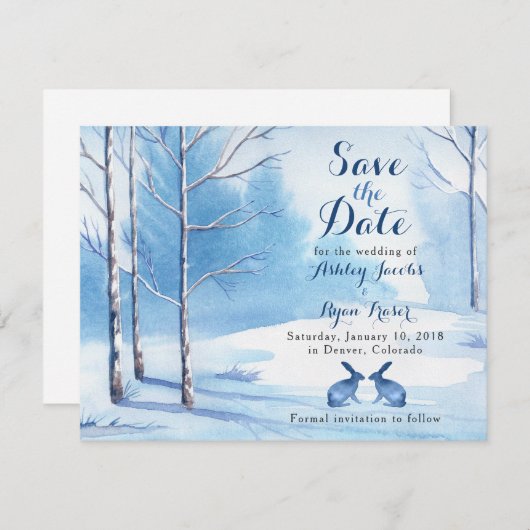 Winter Huwelijk Datum Besparen Bomen Konijnen Save The Date (Voorkant / Achterkant)