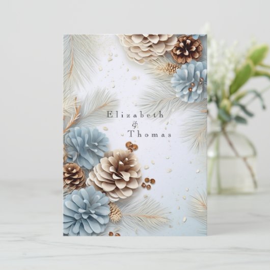 Winter Huwelijk Denneappels Modern Blauw Bruin Wit Kaart (Staand voorkant)