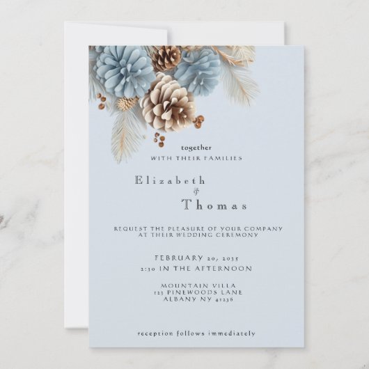 Winter Huwelijk Denneappels Modern Blauw Bruin Wit Kaart (Achterkant)