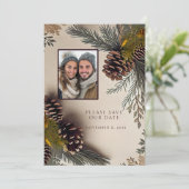 Winter Huwelijk Dennenkegels Dennennaalden Save The Date (Staand voorkant)