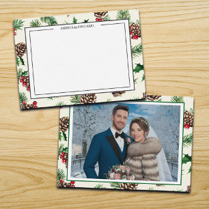 Winter Huwelijk Dennenkegels Foto Bedankkaart Notitiekaartje