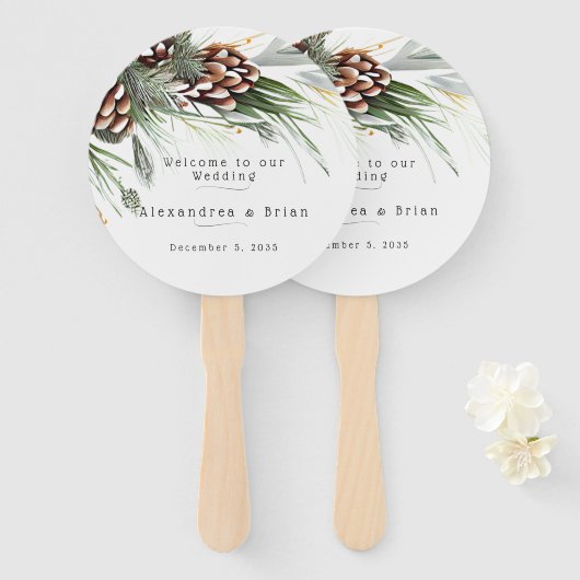 Winter Huwelijk Dennenzapfen Sneeuw Dennentakken   Handwaaier (Voorkant en achterkant)