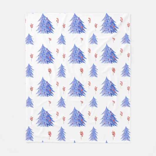 Winter Ice Blue Tree Holly bessen Witte Kerstmis Fleece Deken (Voorkant)