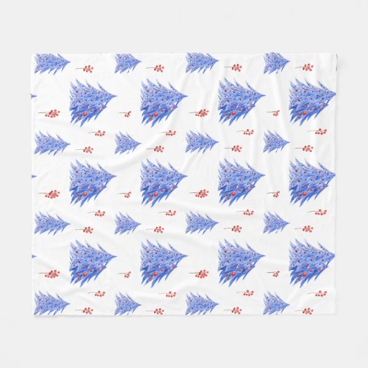 Winter Ice Blue Tree Holly bessen Witte Kerstmis Fleece Deken (Voorkant (Horizontaal))