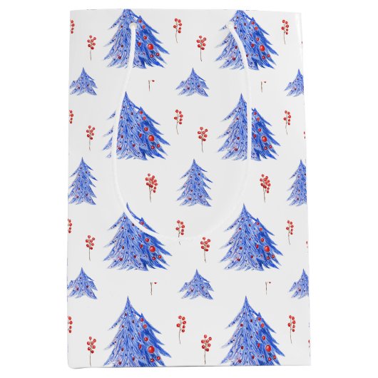 Winter Ice Blue Tree Holly bessen Witte Kerstmis Medium Cadeauzakje (Voorkant)