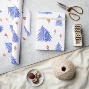 Winter Ice Blue Trees Holly Berries Kerstmis Cadeaupapier