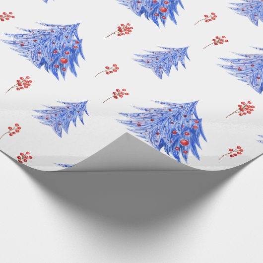 Winter Ice Blue Trees Holly Berries Kerstmis Cadeaupapier (Hoek)