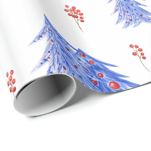 Winter Ice Blue Trees Holly Berries Kerstmis Cadeaupapier (Rol Hoek)