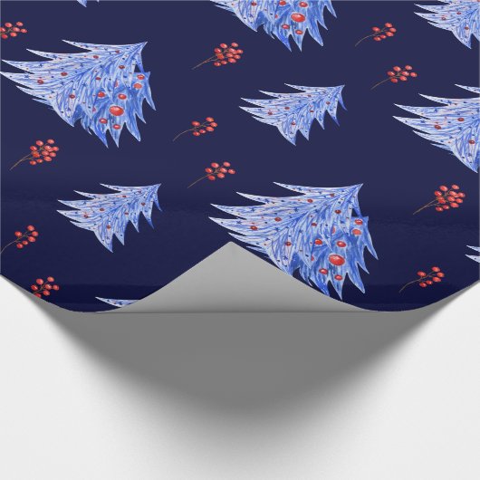 Winter Ice Blue Trees Holly Berries Kerstmis Cadeaupapier (Hoek)