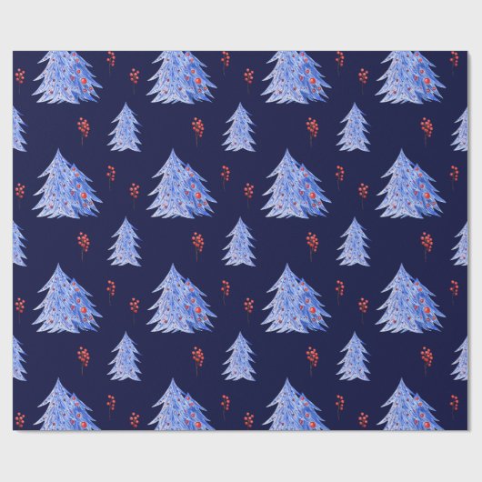 Winter Ice Blue Trees Holly Berries Kerstmis Cadeaupapier (Vlak)