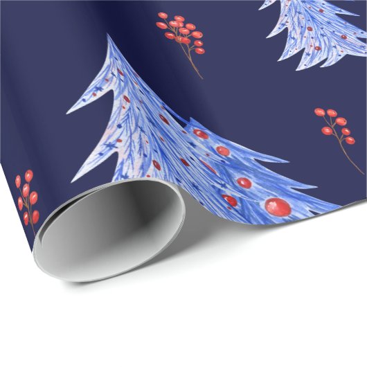 Winter Ice Blue Trees Holly Berries Kerstmis Cadeaupapier (Rol Hoek)