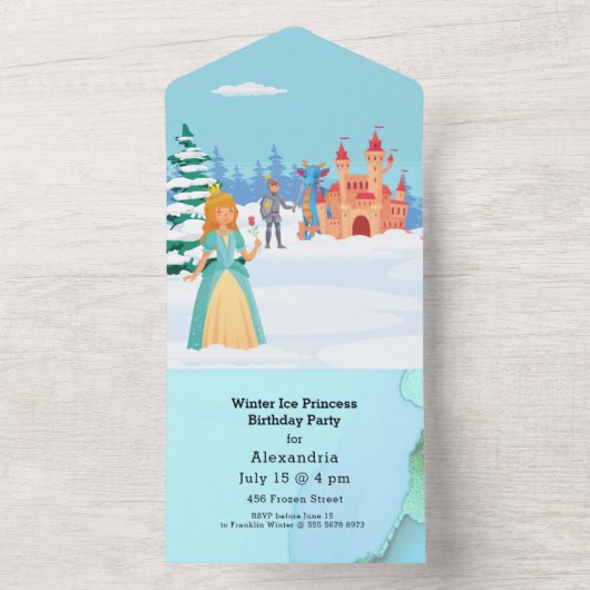 Winter Ice Princess Royal Birthday All In One Uitnodiging (Binnen)