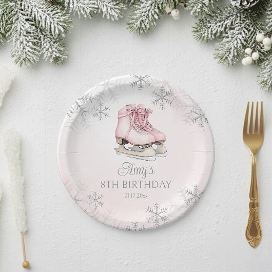 Winter Ice Skating Birthday Pink Silver Snowflakes Papieren Bordje