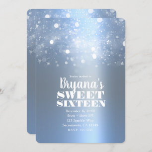 Winter Icy Blue Silver Sparking Lights Sweet 16 Kaart