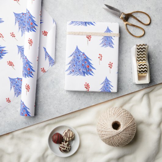 Winter Ijs Blauwe Bomen Hulst Bessen Kerstmis Cadeaupapier (Crafts)