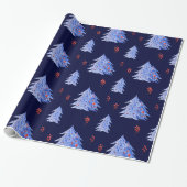 Winter Ijs Blauwe Bomen Hulst Bessen Navy Kerstmis Cadeaupapier (Uitgerold)