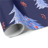 Winter Ijs Blauwe Bomen Hulst Bessen Navy Kerstmis Cadeaupapier (Rol Hoek)
