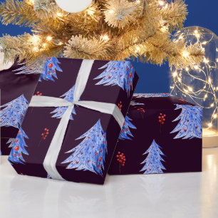 Winter Ijs Blauwe Bomen Hulst Bessen Pruim Kerstmi Cadeaupapier