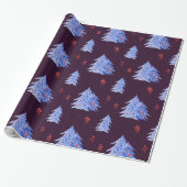 Winter Ijs Blauwe Bomen Hulst Bessen Pruim Kerstmi Cadeaupapier (Uitgerold)