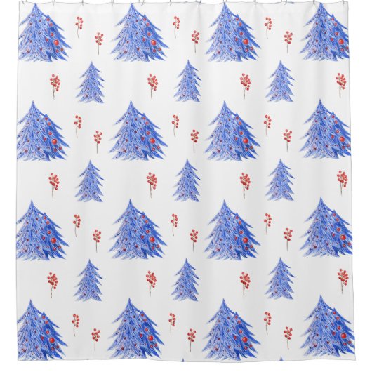 Winter Ijs Blauwe Boom Hulst Bessen Witte Kerstmis Douchegordijn (Voorkant)