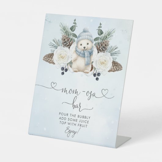 Winter IJsbeer Jongen Baby Shower Mom-osa Bar Reclamebord Met Voetstuk (Voorkant)