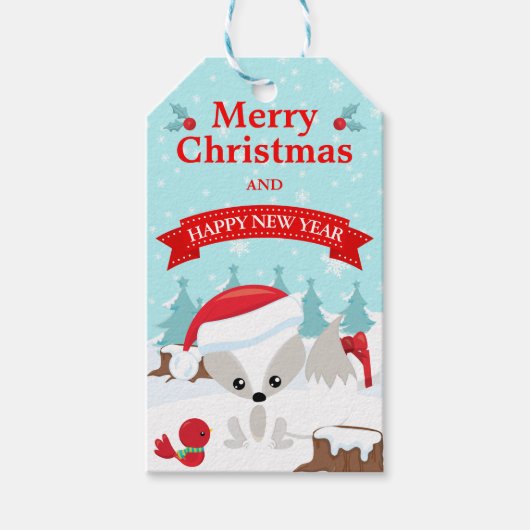 Winter IJslandse Vos Sneeuwlandschap Prettig Kerst Cadeaulabel (Voorkant)