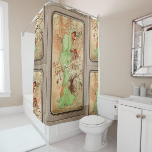Winter In A Green Cape door Alphonse Mucha Douchegordijn