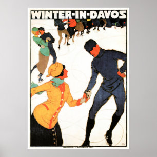 WINTER IN DAVOS Swiss Ice Skating Ski Poster