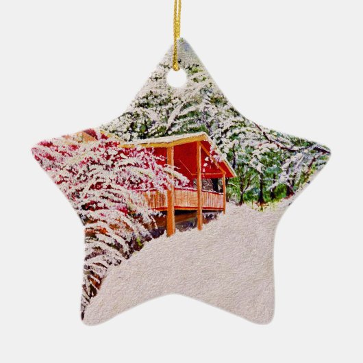 "Winter in de kleine rode hut" conament. Keramisch Ornament (Voorkant)
