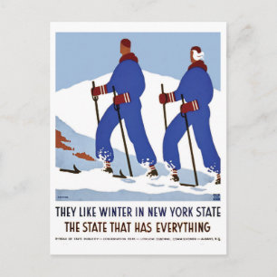 Winter in de staat New York, stel op ski, vintage Briefkaart