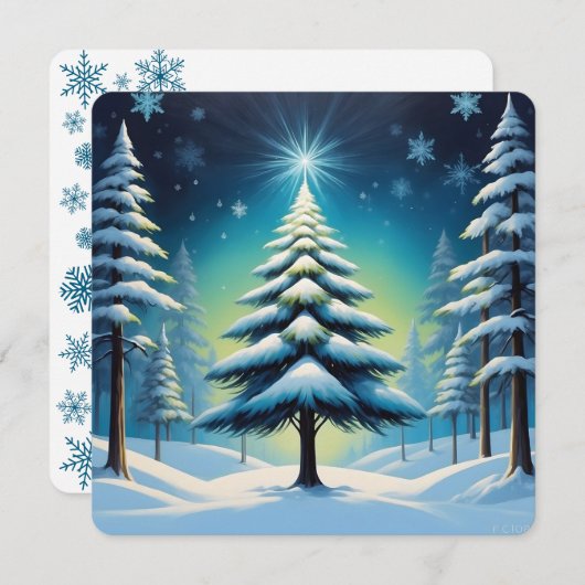 Winter in het bos met sneeuw en een stralende ster feestdagenkaart (Voorkant / Achterkant)