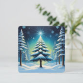 Winter in het bos met sneeuw en schitterende ster feestdagenkaart (Staand voorkant)